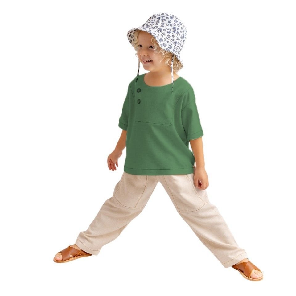 Unisex Kontrast Dikişli Keten Bluz – Haki | Modern ve Rahat Tasarım