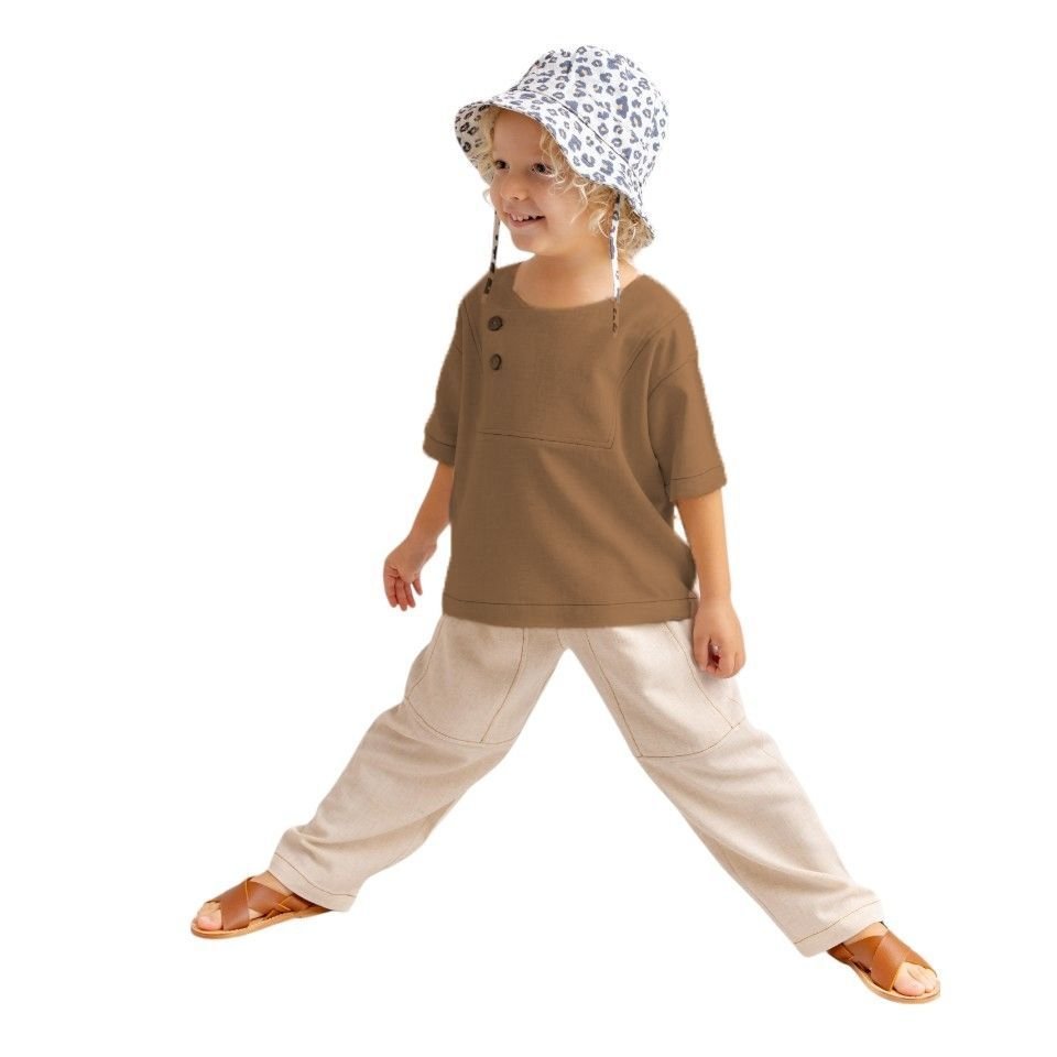 Unisex Kontrast Dikişli Keten Bluz – Karamel| Modern ve Rahat Tasarım