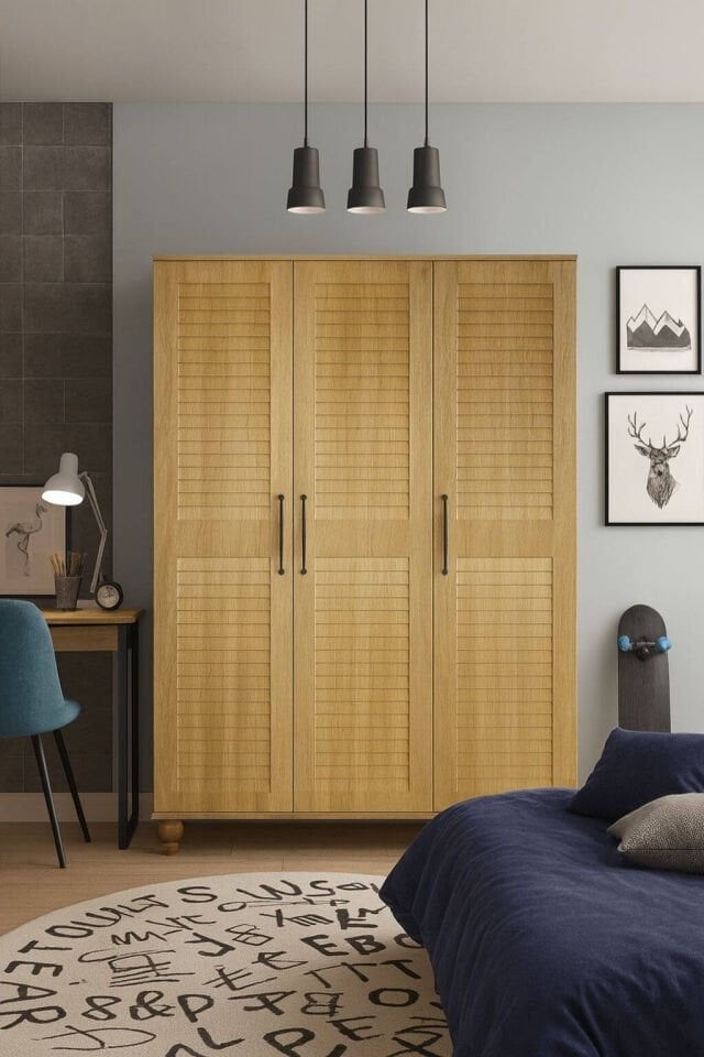 Pera Wood 3 Kapaklı Dolap | MDF Gövde | Ağaç Ayaklar | Panjur Kapaklı | Şık ve Fonksiyonel Genç Odası Dolabı