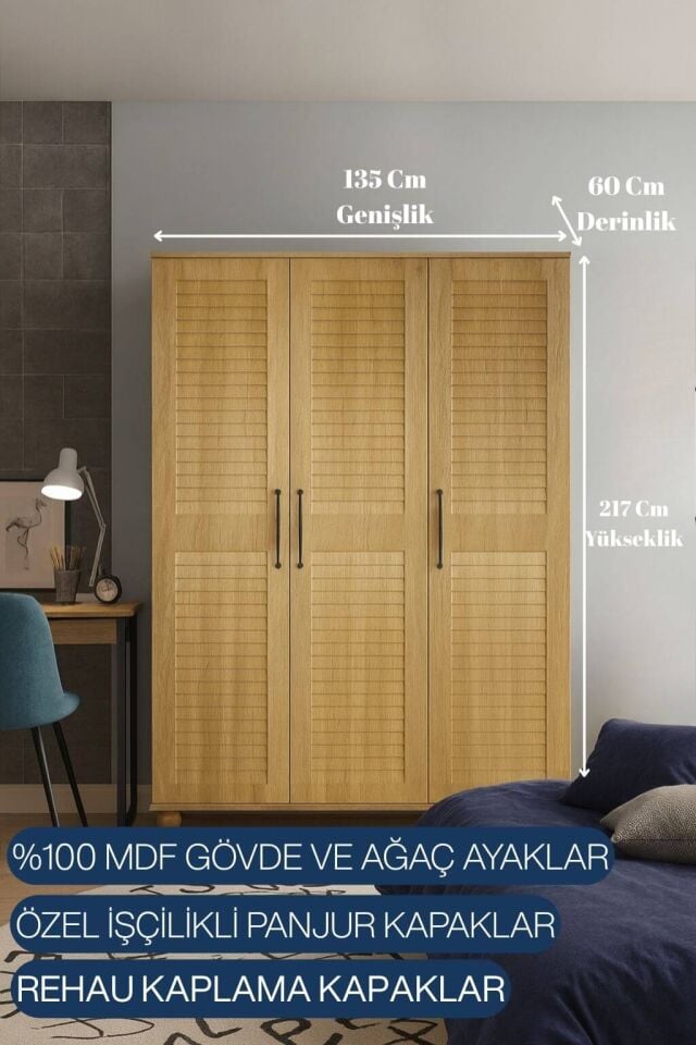 Pera Wood 3 Kapaklı Dolap | MDF Gövde | Ağaç Ayaklar | Panjur Kapaklı | Şık ve Fonksiyonel Genç Odası Dolabı