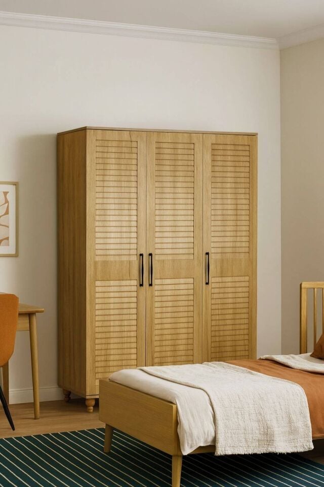 Pera Wood 3 Kapaklı Dolap | MDF Gövde | Ağaç Ayaklar | Panjur Kapaklı | Şık ve Fonksiyonel Genç Odası Dolabı