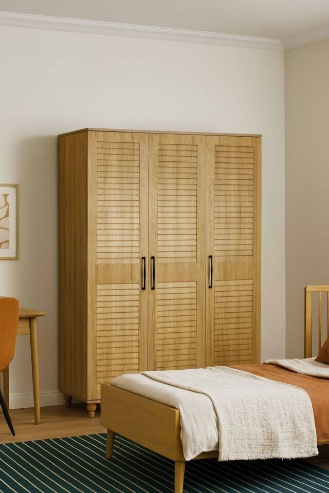 Pera Wood 3 Kapaklı Dolap | MDF Gövde | Ağaç Ayaklar | Panjur Kapaklı | Şık ve Fonksiyonel Genç Odası Dolabı