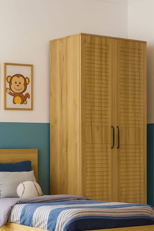 Pera Wood 2 Kapaklı Dolap | MDF Gövde | Ağaç Ayaklar |Panjur Kapaklı | Şık ve Kompakt Genç Odası Dolabı