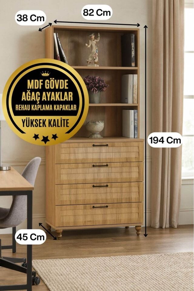 Pera Wood Çekmeceli Şifonyer ve Kitaplık Seti | MDF Gövde | Ağaç Ayaklar | Fonksiyonel ve Şık Genç Odası Takımı