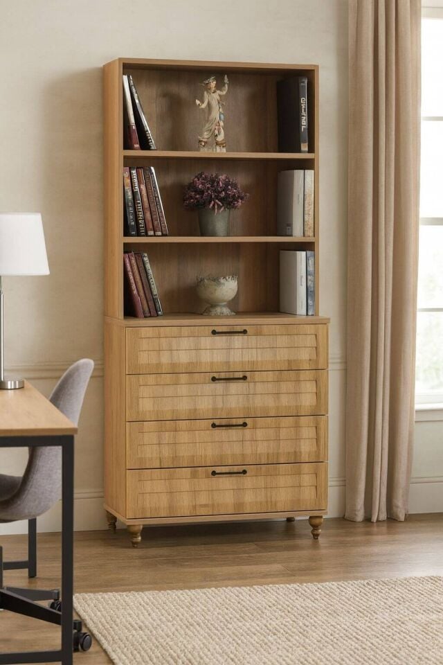 Pera Wood Çekmeceli Şifonyer ve Kitaplık Seti | MDF Gövde | Ağaç Ayaklar | Fonksiyonel ve Şık Genç Odası Takımı