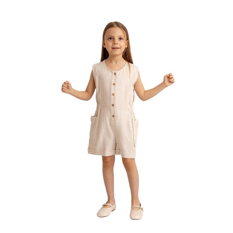 Yanları Cepli Kısa Boy Keten Tulum – Naturel | Rahat ve Fonksiyonel Tasarım