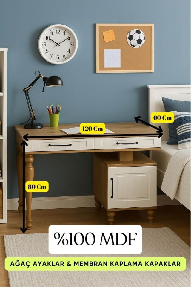 Nefes Çalışma Masası | MDF Gövde | Ağaç Ayaklar | Şık ve Ergonomik Genç Odası Masası