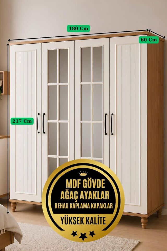 Nefes 4 Kapaklı Dolap | MDF Gövde | Ağaç Ayaklar | Geniş ve Şık Genç Odası Dolabı