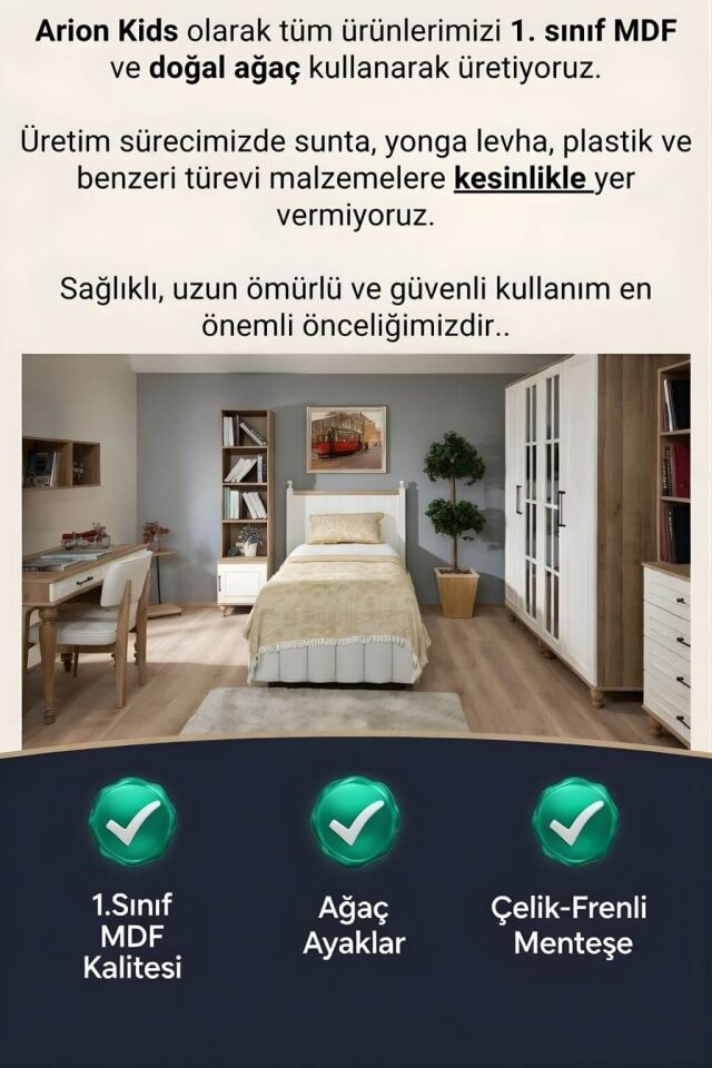 Nefes 3 Kapaklı Dolap | MDF Gövde | Ağaç Ayaklar | Şık ve Fonksiyonel Genç Odası Dolabı