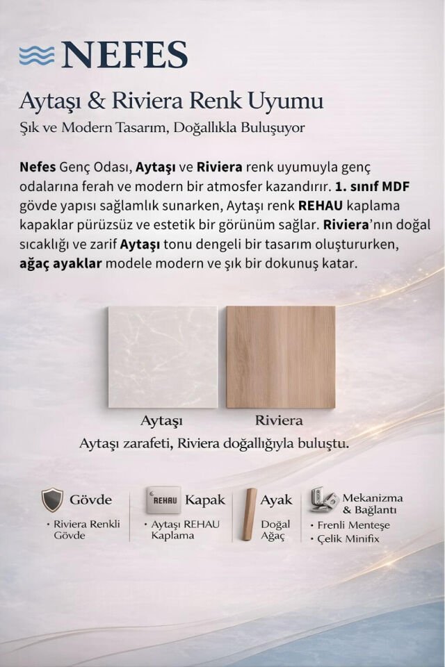 Nefes 3 Kapaklı Dolap | MDF Gövde | Ağaç Ayaklar | Şık ve Fonksiyonel Genç Odası Dolabı