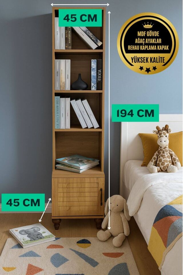 Pera Wood Komodin ve Kitaplık Seti | MDF Gövde | Ağaç Ayaklar | Şık ve Fonksiyonel Genç Odası Takımı