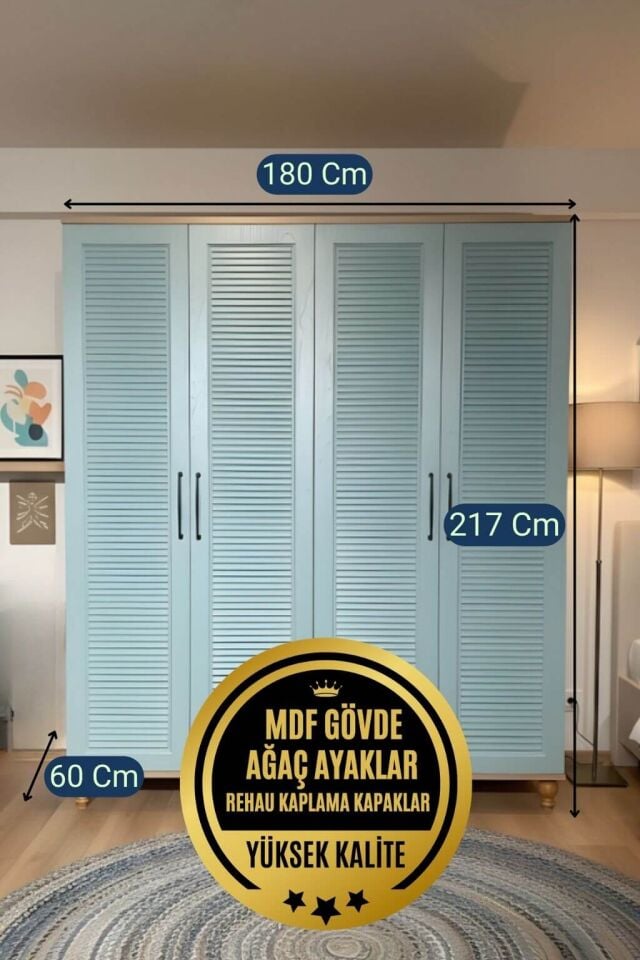 Mavi 4 Kapaklı Dolap | MDF Gövde | Ağaç Ayaklar | Geniş ve Şık Genç Odası Dolabı