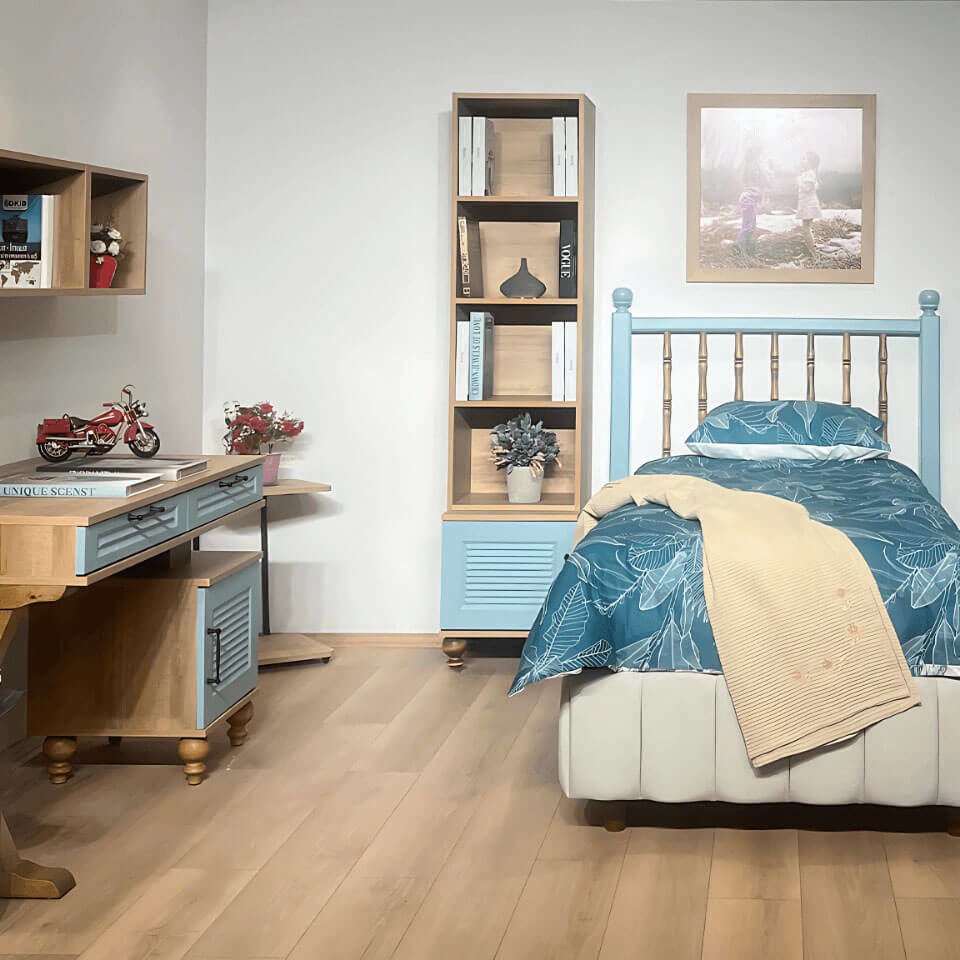 Mavi Komodin ve Kitaplık Seti | MDF Gövde | Ağaç Ayaklar | Şık ve Kullanışlı Genç Odası Takımı