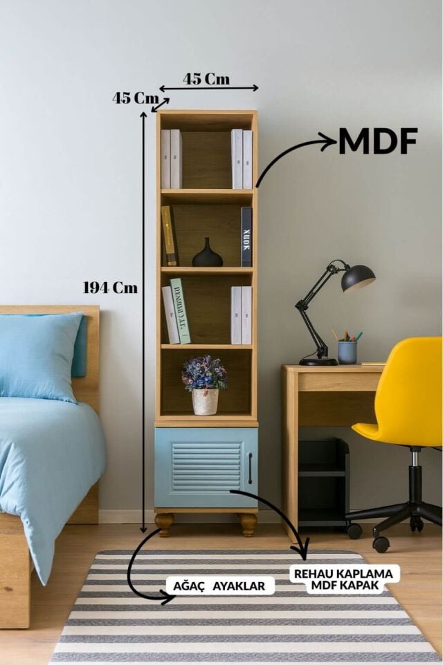 Mavi Komodin ve Kitaplık Seti | MDF Gövde | Ağaç Ayaklar | Şık ve Kullanışlı Genç Odası Takımı