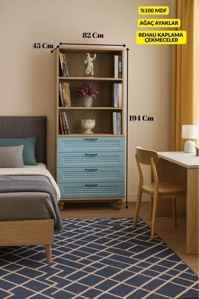 Mavi Çekmeceli Şifonyer ve Kitaplık Seti | MDF Gövde | Ağaç Ayaklar | Fonksiyonel ve Şık Depolama Takımı