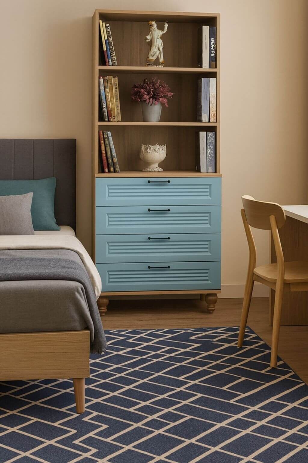Mavi Çekmeceli Şifonyer ve Kitaplık Seti | MDF Gövde | Ağaç Ayaklar | Fonksiyonel ve Şık Depolama Takımı
