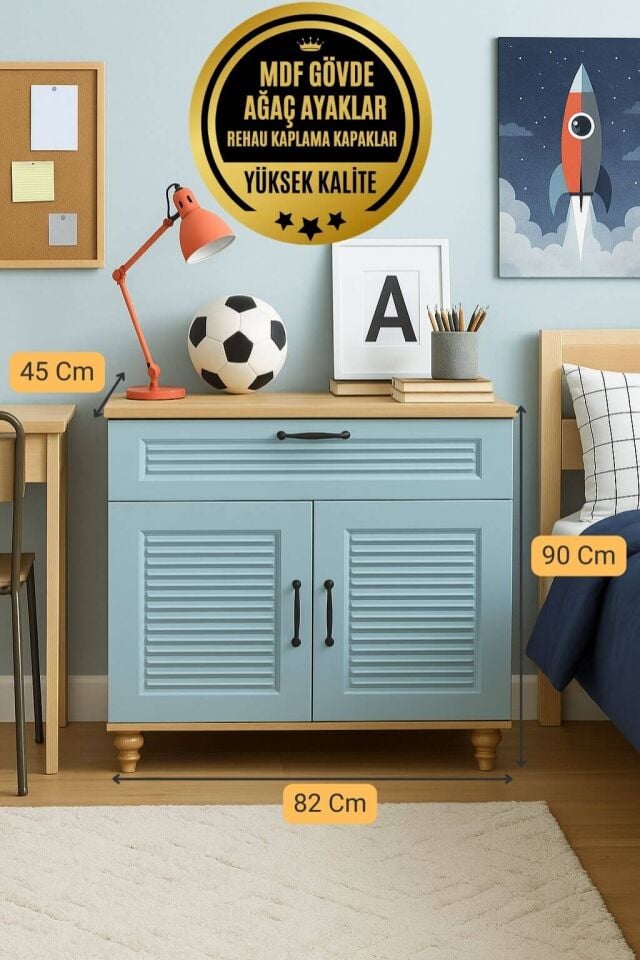 Mavi Kapaklı Şifonyer | MDF Gövde | Ağaç Ayaklar | Şık ve Fonksiyonel Genç Odası Şifonyeri