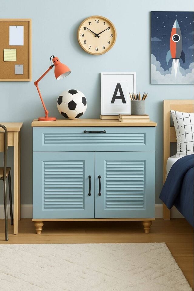 Mavi Kapaklı Şifonyer | MDF Gövde | Ağaç Ayaklar | Şık ve Fonksiyonel Genç Odası Şifonyeri