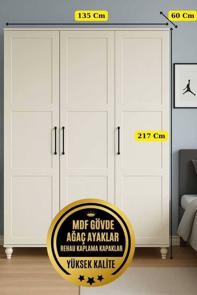 Alin 3 Kapaklı Dolap | MDF Gövde | Ağaç Ayaklar | Geniş ve Şık Genç Odası Dolabı