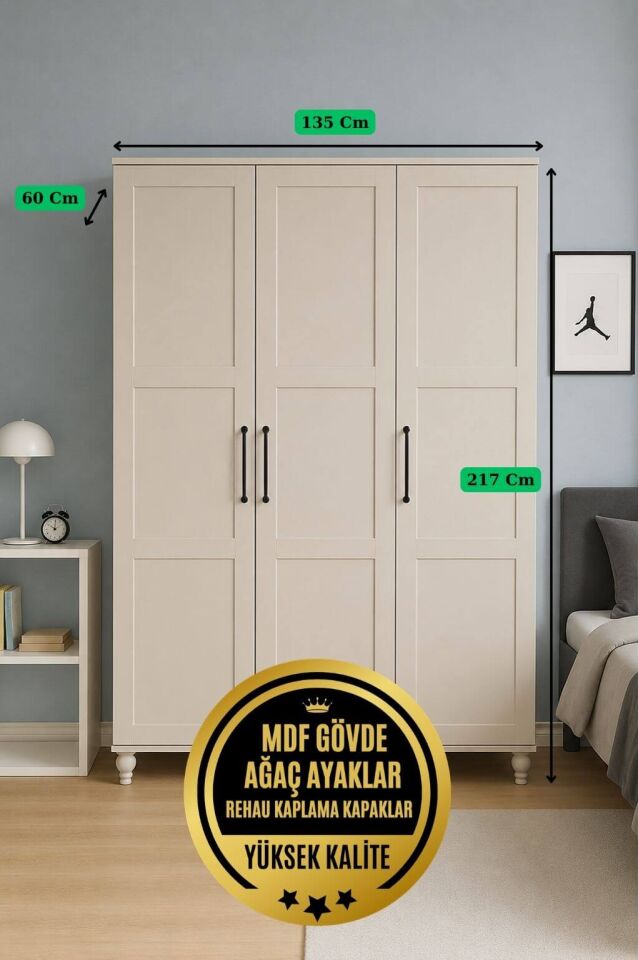 Alin 3 Kapaklı Çocuk Odası Dolabı | MDF Gövde | Ağaç Ayaklar | Geniş ve Şık Genç Odası Dolabı