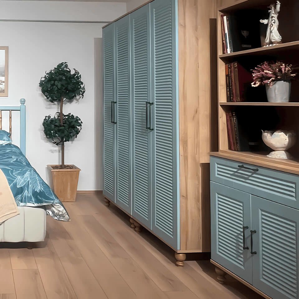 Mavi Kapaklı Şifonyer ve Kitaplık Seti | MDF Gövde | Ağaç Ayaklar | Fonksiyonel ve Şık Depolama Takımı