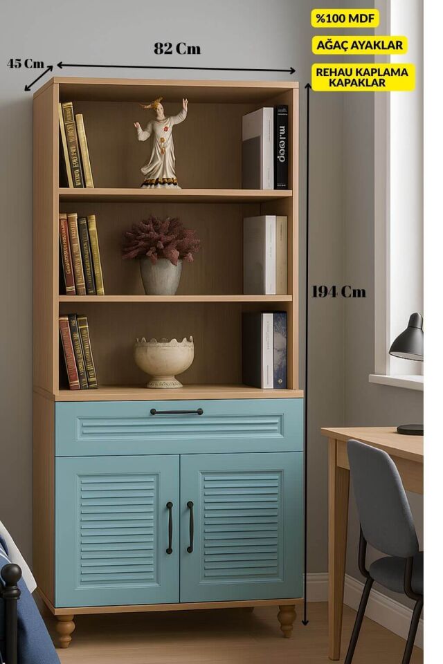 Mavi Kapaklı Şifonyer ve Kitaplık Seti | MDF Gövde | Ağaç Ayaklar | Fonksiyonel ve Şık Depolama Takımı