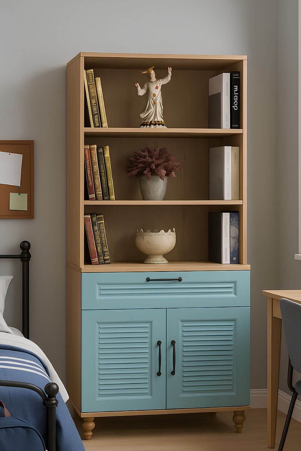 Mavi Kapaklı Şifonyer ve Kitaplık Seti | MDF Gövde | Ağaç Ayaklar | Fonksiyonel ve Şık Depolama Takımı