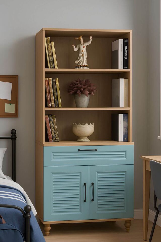 Mavi Kapaklı Şifonyer ve Kitaplık Seti | MDF Gövde | Ağaç Ayaklar | Fonksiyonel ve Şık Depolama Takımı
