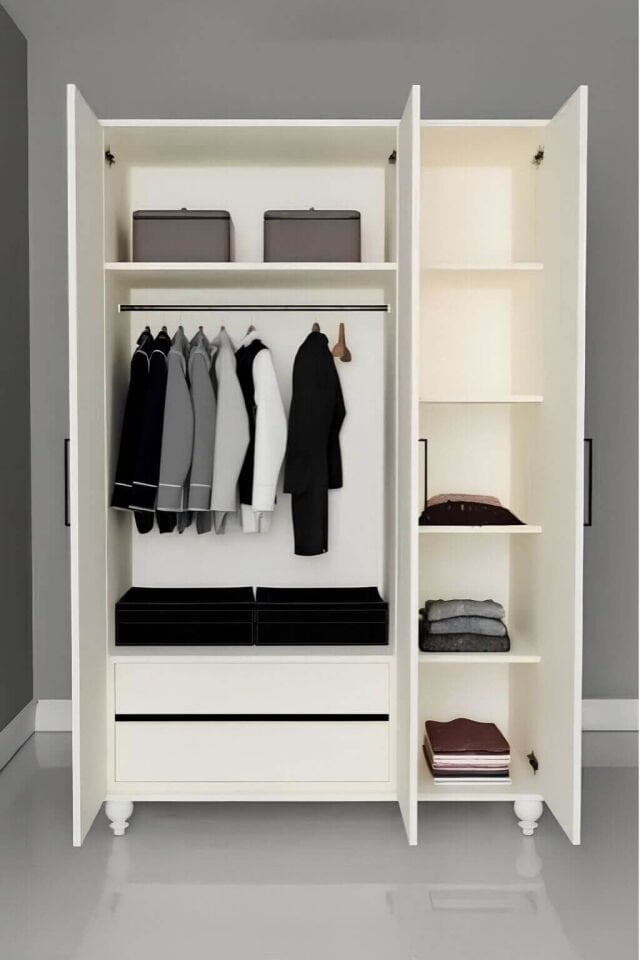 Alin 3 Kapaklı Çekmeceli Dolap | MDF Gövde | Ağaç Ayaklar | Geniş ve Şık Genç Odası Dolabı