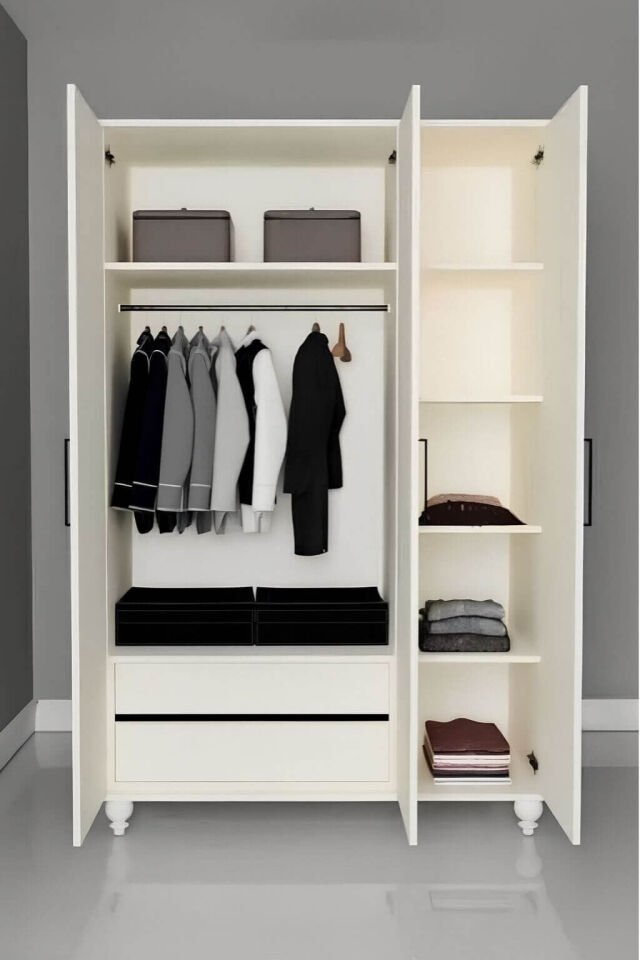 Alin 3 Kapaklı Çekmeceli Dolap | MDF Gövde | Ağaç Ayaklar | Geniş ve Şık Genç Odası Dolabı