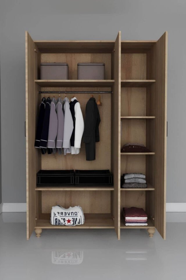 Alin Wood 3 Kapaklı Dolap | MDF Gövde | Ağaç Ayaklar | Fonksiyonel ve Şık Tasarım