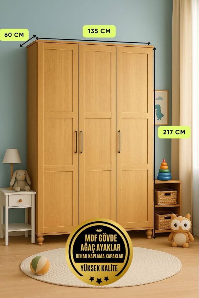 Alin Wood 3 Kapaklı Dolap | MDF Gövde | Ağaç Ayaklar | Fonksiyonel ve Şık Tasarım