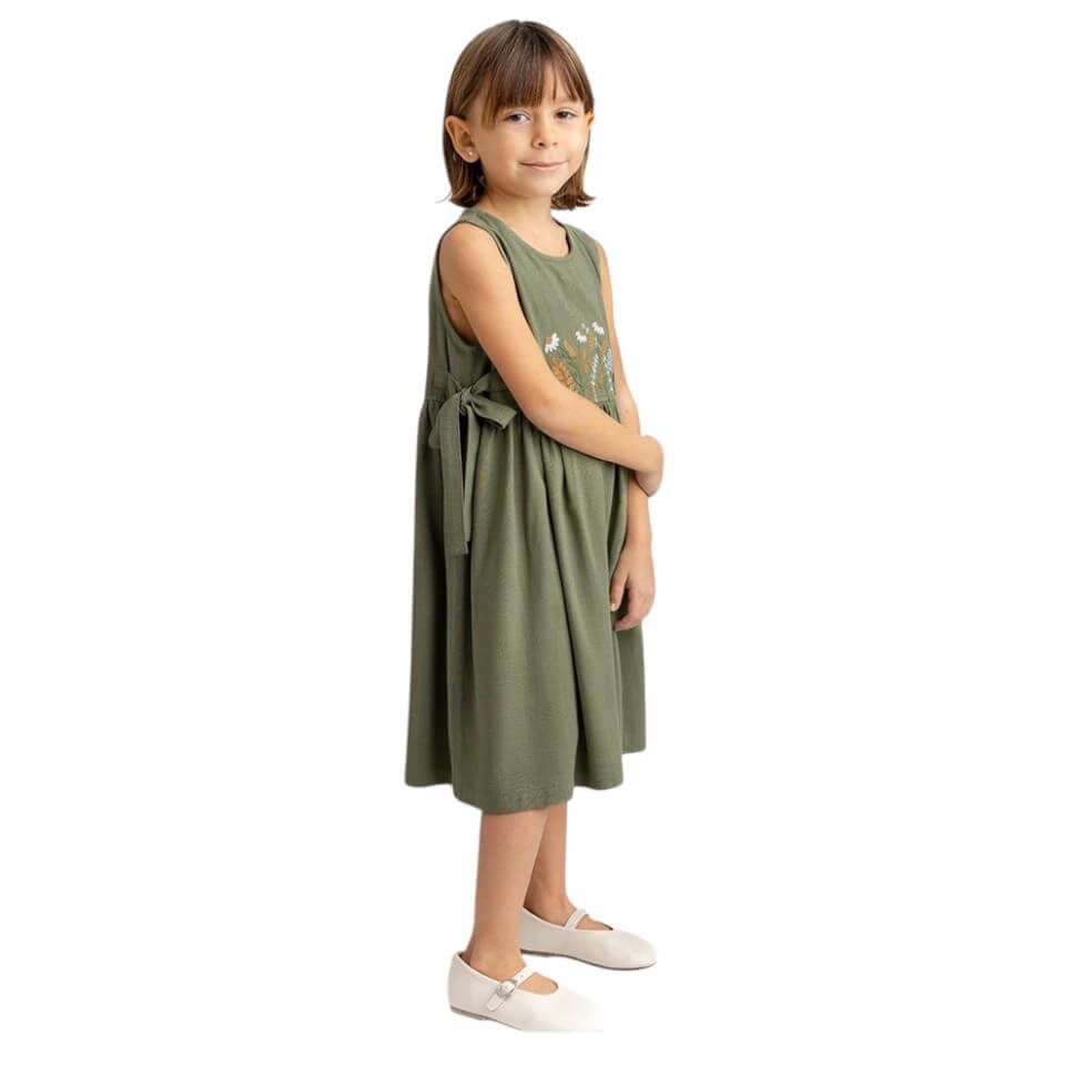 Önü Nakışlı Yandan Bağlamalı Keten Elbise – Haki | Zarif ve Doğal Tasarım