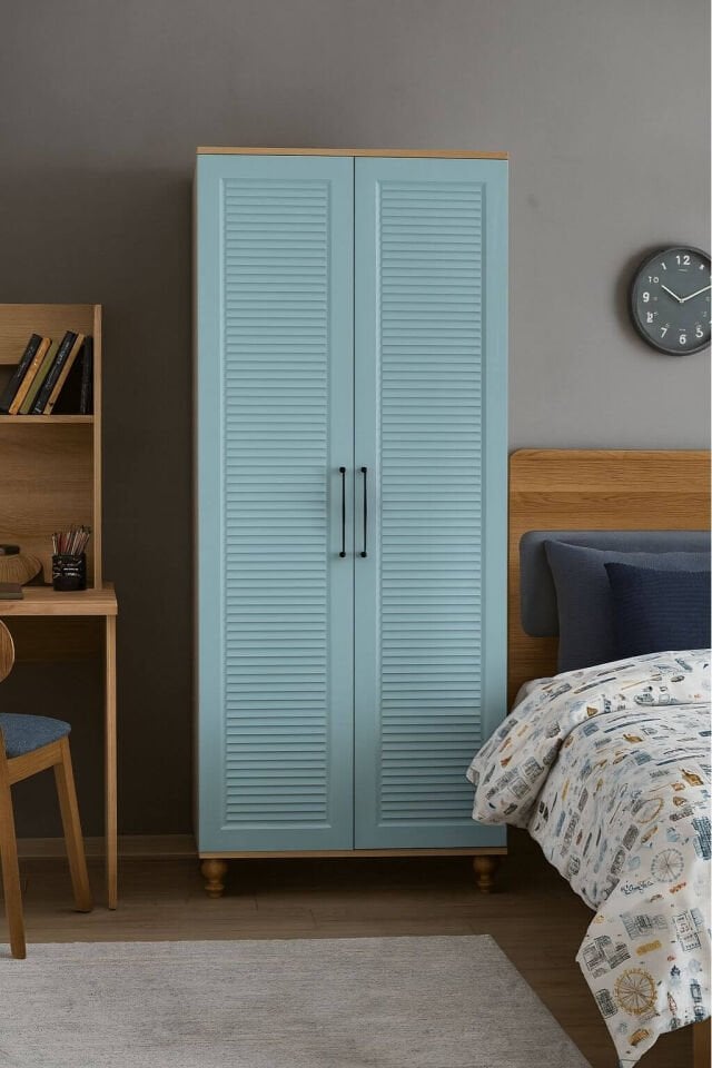 Mavi 2 Kapaklı Dolap | MDF Gövde | Ağaç Ayaklar | Kompakt ve Şık Genç Odası Dolabı