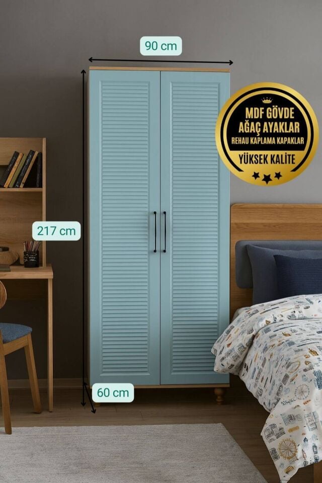 Mavi 2 Kapaklı Çekmeceli Dolap | MDF Gövde | Ağaç Ayaklar | Kompakt ve Şık Genç Odası Dolabı