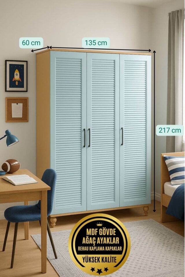 Mavi 3 Kapaklı Çekmeceli Dolap | MDF Gövde | Ağaç Ayaklar | Şık ve Fonksiyonel Genç Odası Dolabı