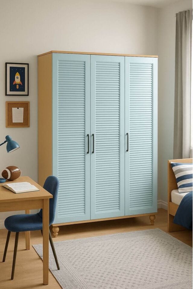 Mavi 3 Kapaklı Çekmeceli Dolap | MDF Gövde | Ağaç Ayaklar | Şık ve Fonksiyonel Genç Odası Dolabı