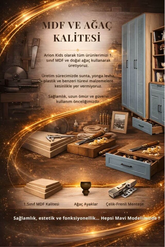 Mavi 3 Kapaklı Çekmeceli Dolap | MDF Gövde | Ağaç Ayaklar | Şık ve Fonksiyonel Genç Odası Dolabı
