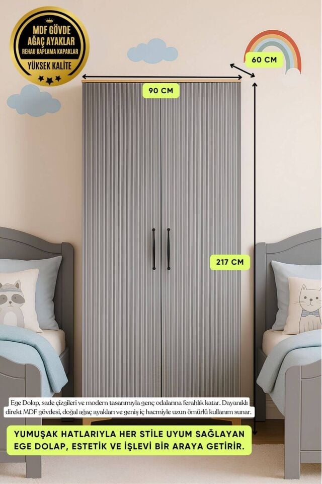 Ege 2 Kapaklı Çekmeceli Dolap | MDF Gövde | Ağaç Ayaklar | Modern ve Kullanışlı Tasarım