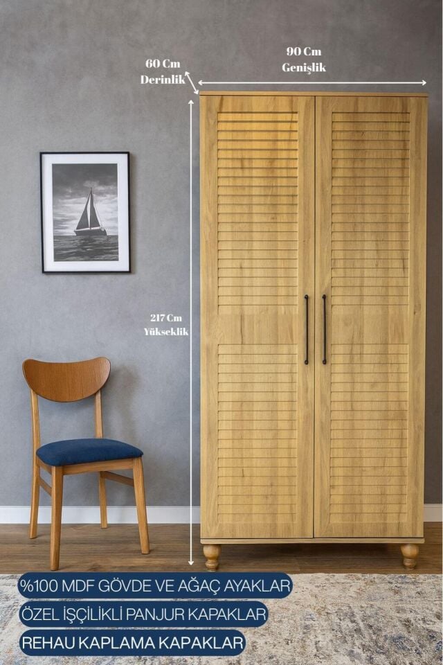 Pera Wood 2 Kapaklı Çekmeceli Dolap | MDF Gövde | Ağaç Ayaklar | Panjur Kapaklı | Şık ve Fonksiyonel Genç Odası Dolabı