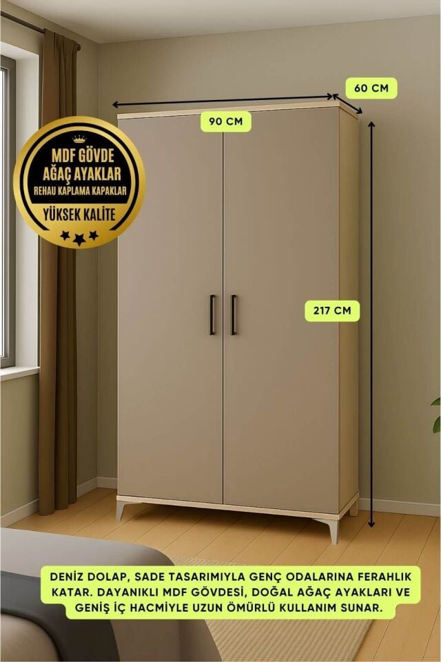 Deniz 2 Kapaklı Genç Odası Dolabı | MDF | Ağaç Ayaklar | REHAU Kaplama Kapaklar