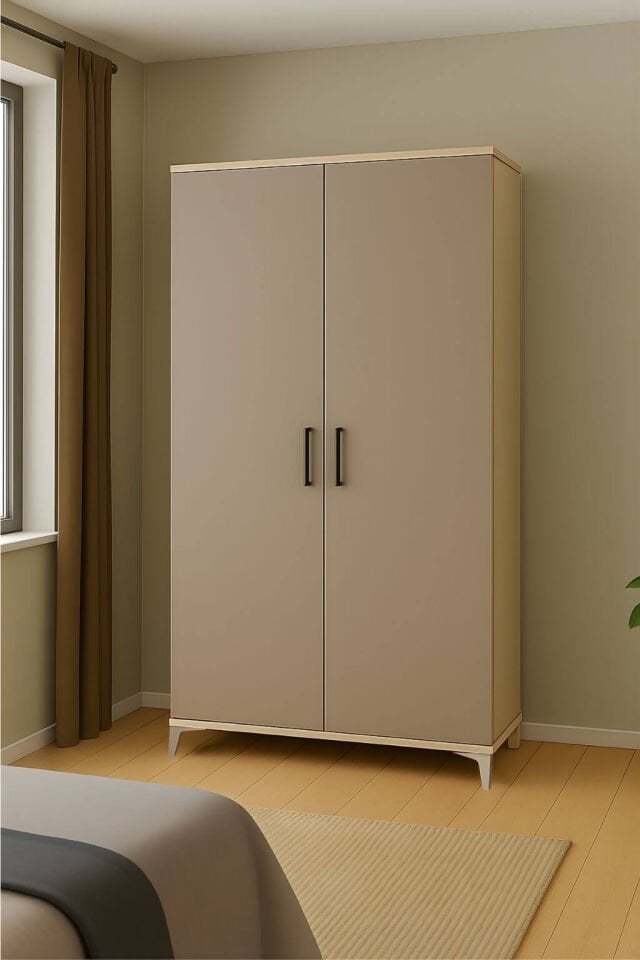 Deniz 2 Kapaklı Genç Odası Dolabı | MDF | Ağaç Ayaklar | REHAU Kaplama Kapaklar