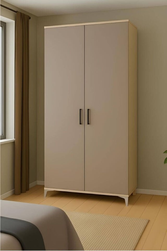 Deniz 2 Kapaklı Çekmeceli Genç Odası Dolabı | MDF | Ağaç Ayaklar | REHAU Kaplama Kapaklar