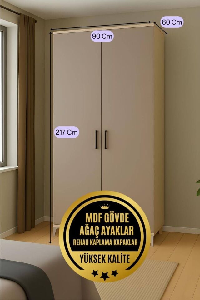 Deniz 2 Kapaklı Çekmeceli Genç Odası Dolabı | MDF | Ağaç Ayaklar | REHAU Kaplama Kapaklar