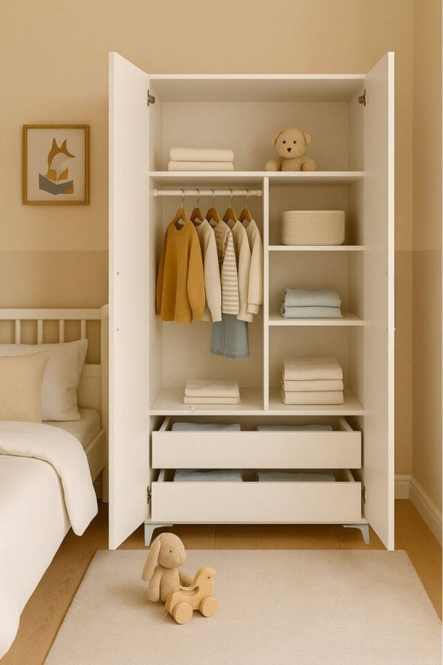 Deniz 2 Kapaklı Çekmeceli Genç Odası Dolabı | MDF | Ağaç Ayaklar | REHAU Kaplama Kapaklar