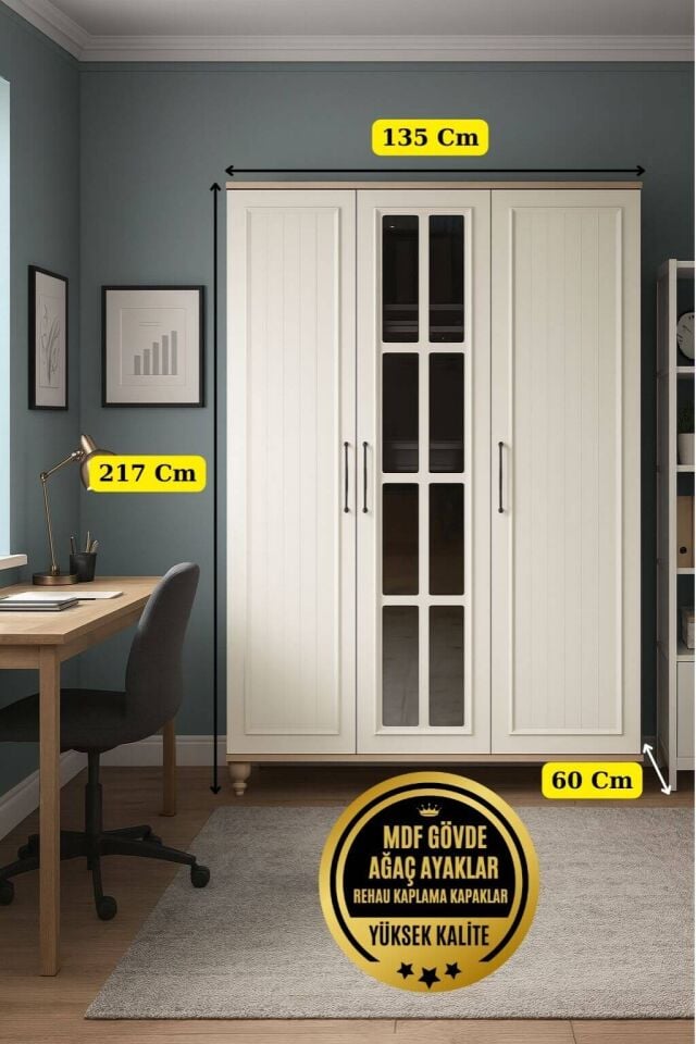 Nefes 3 Kapaklı Çekmeceli Dolap | MDF Gövde | Ağaç Ayaklar | Şık ve Kullanışlı Genç Odası Dolabı