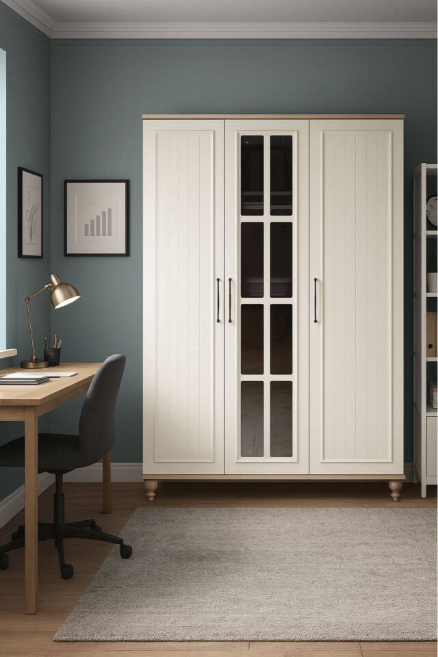 Nefes 3 Kapaklı Çekmeceli Dolap | MDF Gövde | Ağaç Ayaklar | Şık ve Kullanışlı Genç Odası Dolabı