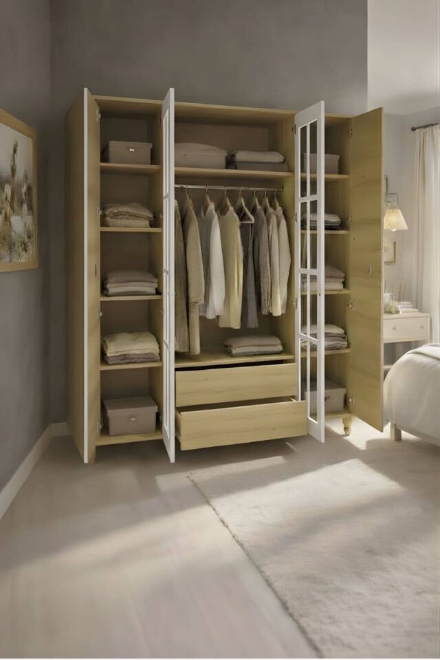 Nefes 4 Kapaklı Çekmeceli Dolap | MDF Gövde | Ağaç Ayaklar | Geniş ve Şık Genç Odası Dolabı