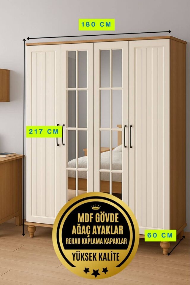 Nefes 4 Kapaklı Çekmeceli Dolap | MDF Gövde | Ağaç Ayaklar | Geniş ve Şık Genç Odası Dolabı