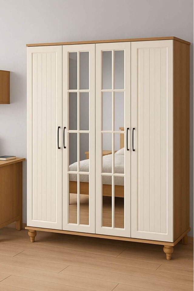 Nefes 4 Kapaklı Çekmeceli Dolap | MDF Gövde | Ağaç Ayaklar | Geniş ve Şık Genç Odası Dolabı